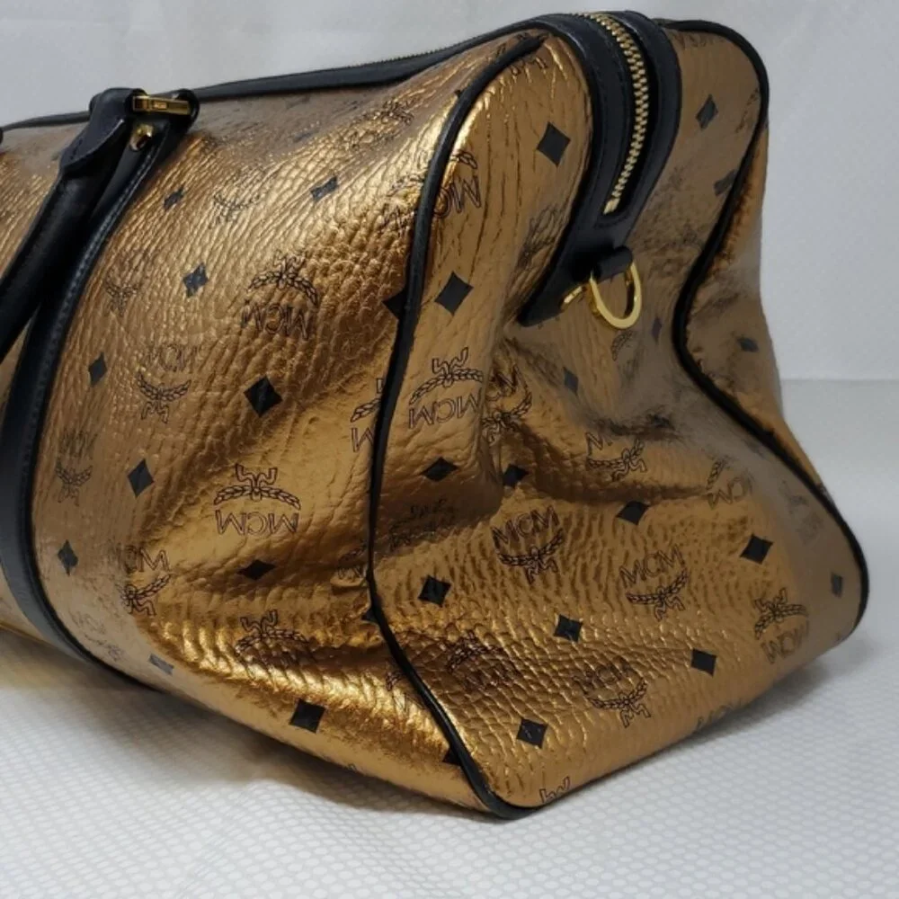 MCM Metallic Gold Weekend Duffle Duffel Coated Travel Bag Handbag